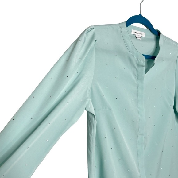 Liz Claiborne Seafoam Green Jeweled Button Front Blouse - Picture 2 of 15